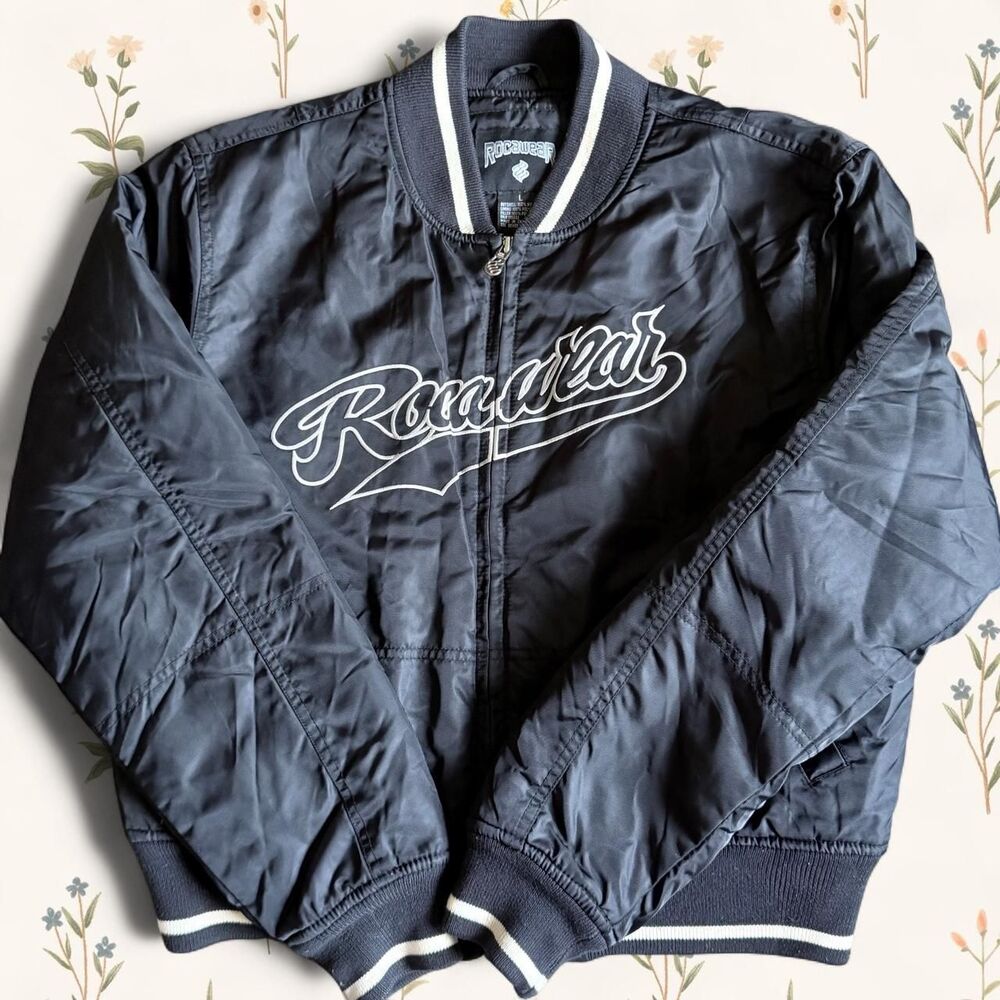 Vintage Y2K Rocawear Black Embroidered Spellout Bomber Jacket - Size Large